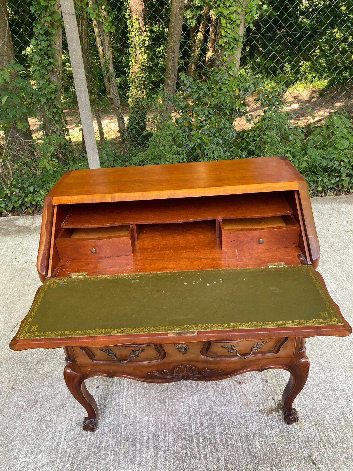 Louis XV solid wood and green leather writing desk secretary, 1950.