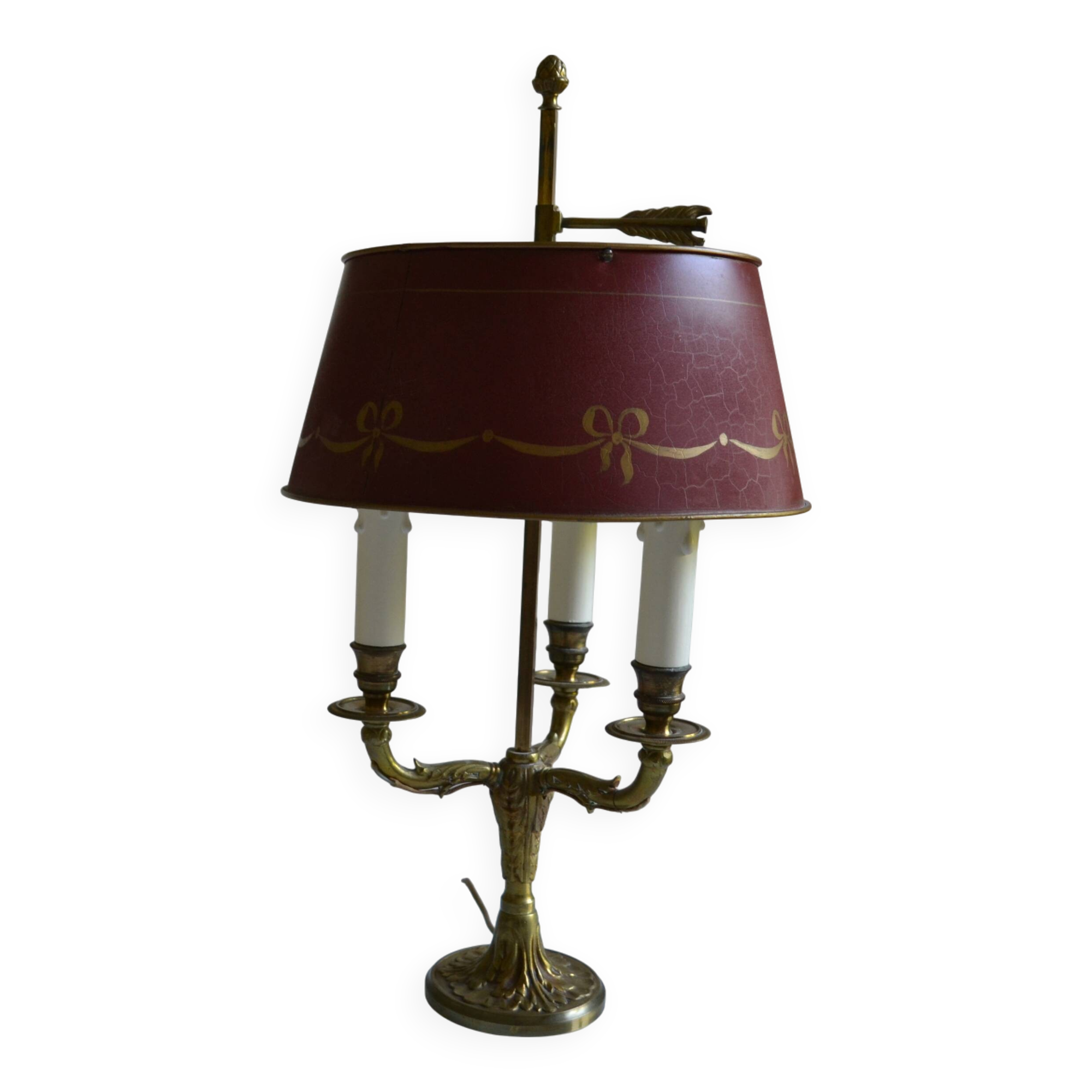 Lampe bouillotte 3 feux bronze et abat jour tôle bordeaux