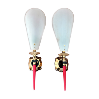 White wall lamps shape brass and plexiglas cornet circa 1950 / 1 pair