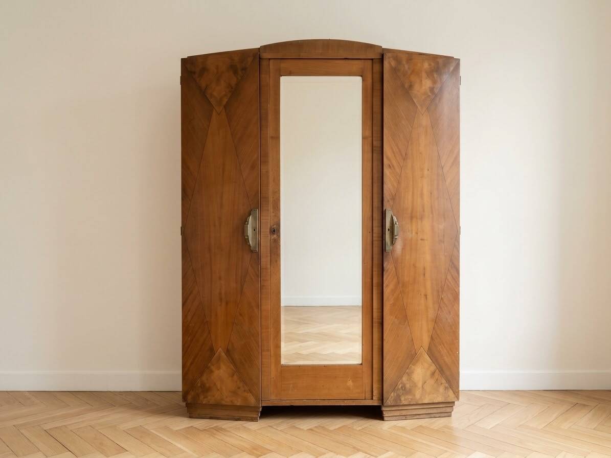 Antique Art Deco wardrobe in wood with mirror