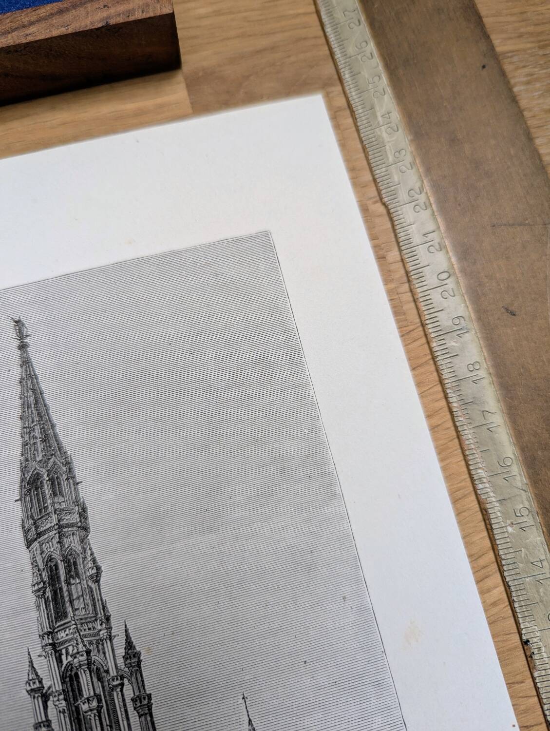 Brussels City Hall, Belgium, printed illustration from 1878.