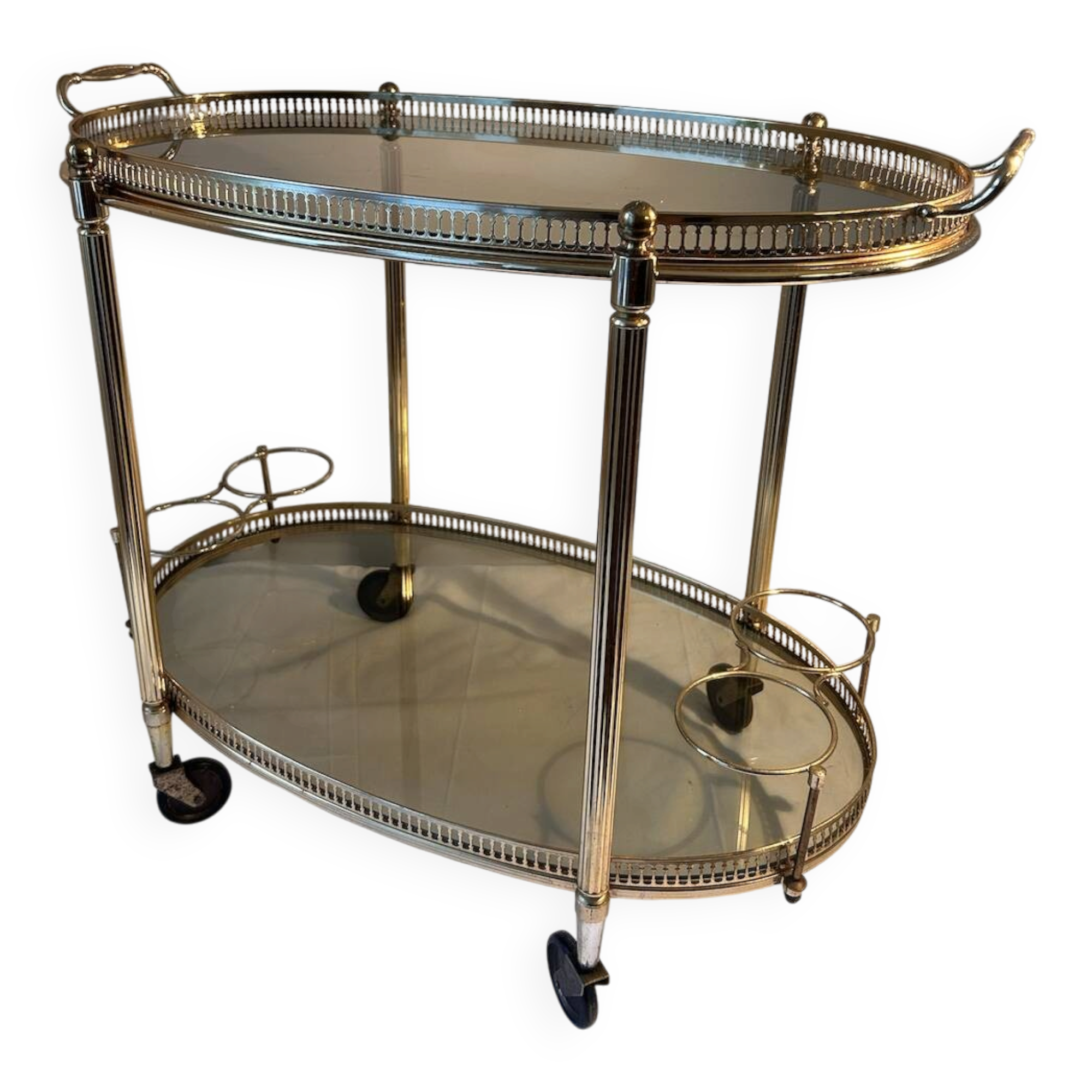 Neoclassical bar cart in gilded brass and smoked glass