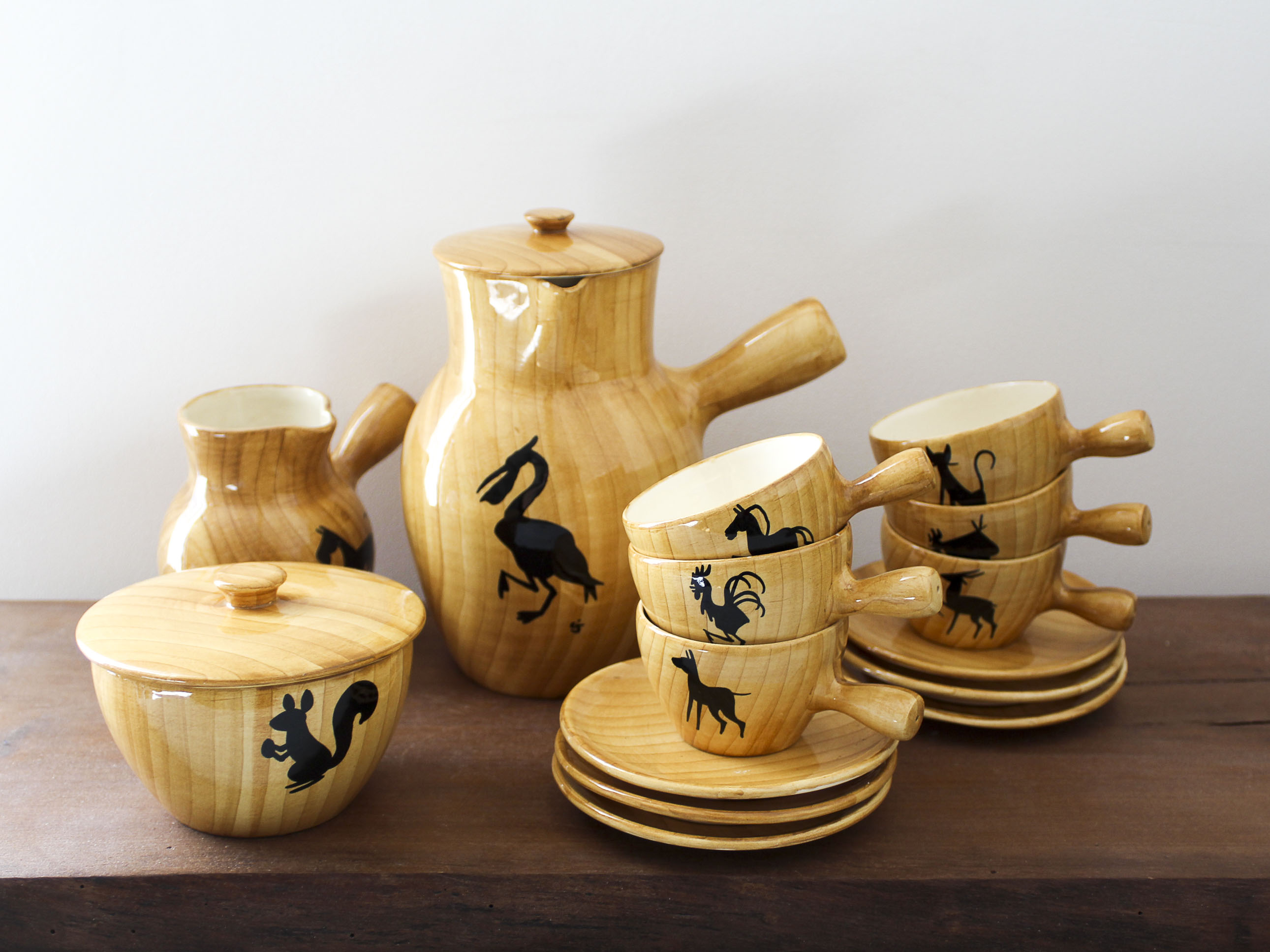 Ceramic coffee set imitation wood Grandjean-Jourdan Vallauris