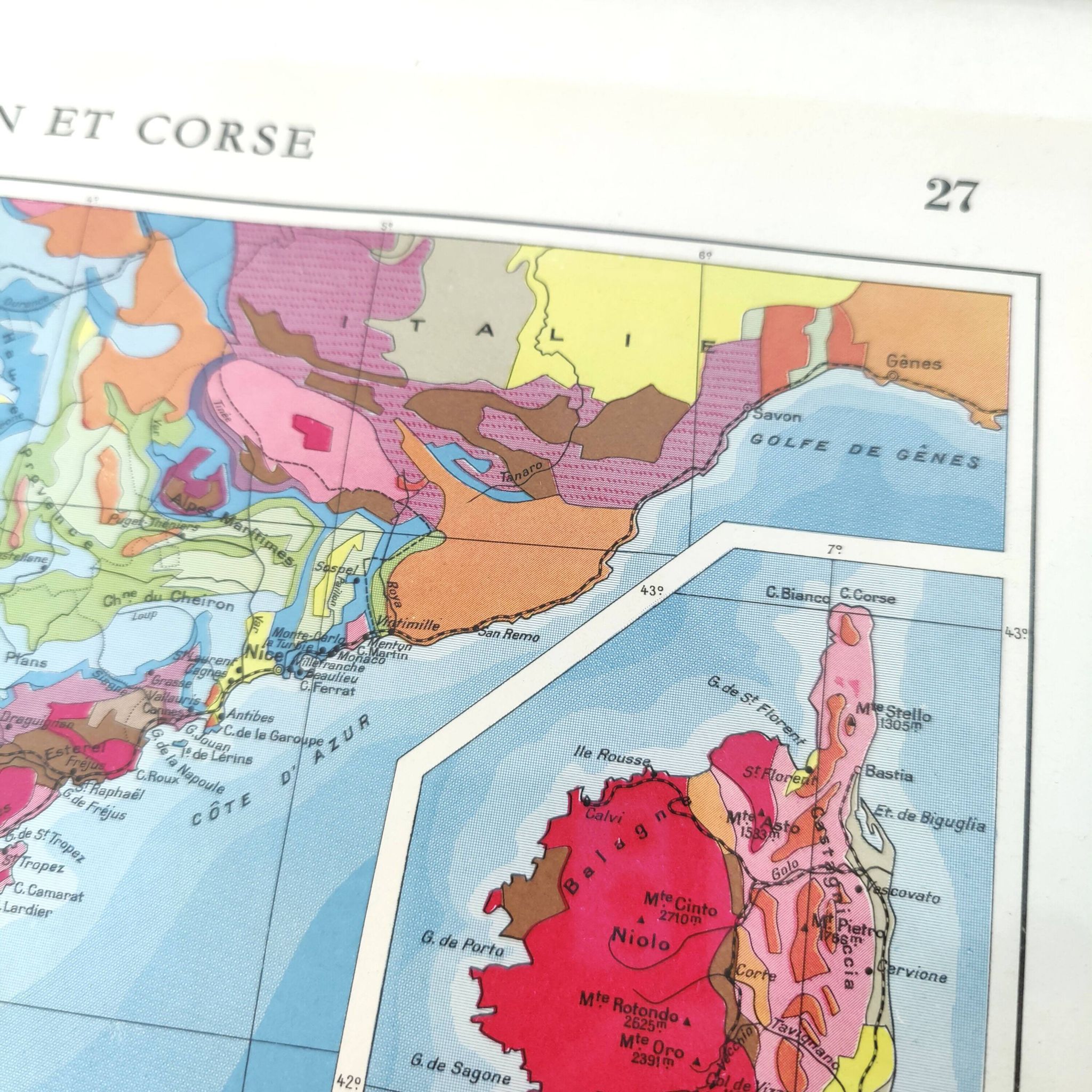 Vintage map of Corsica and southern Mediterranean France, 43x43cm from 1950.