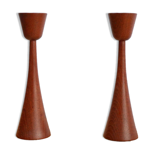 Paire de bougeoirs scandinaves vintage en teck