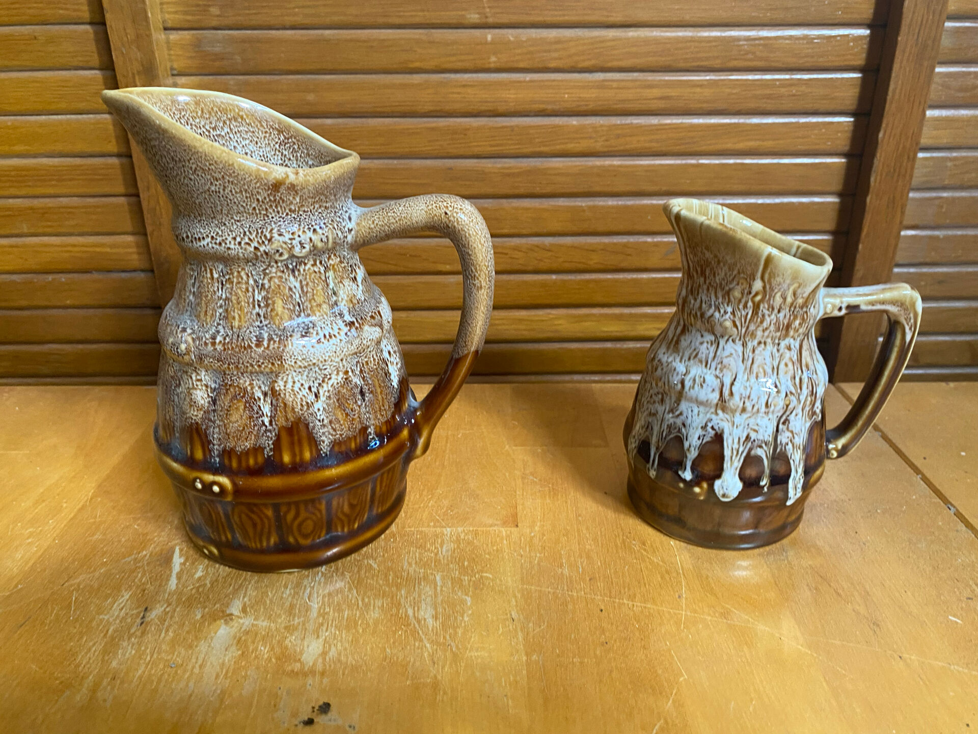 Pair of Barrel-Shaped Pitchers REVOL Flamed Ceramic 1/4 Litre Vintage
