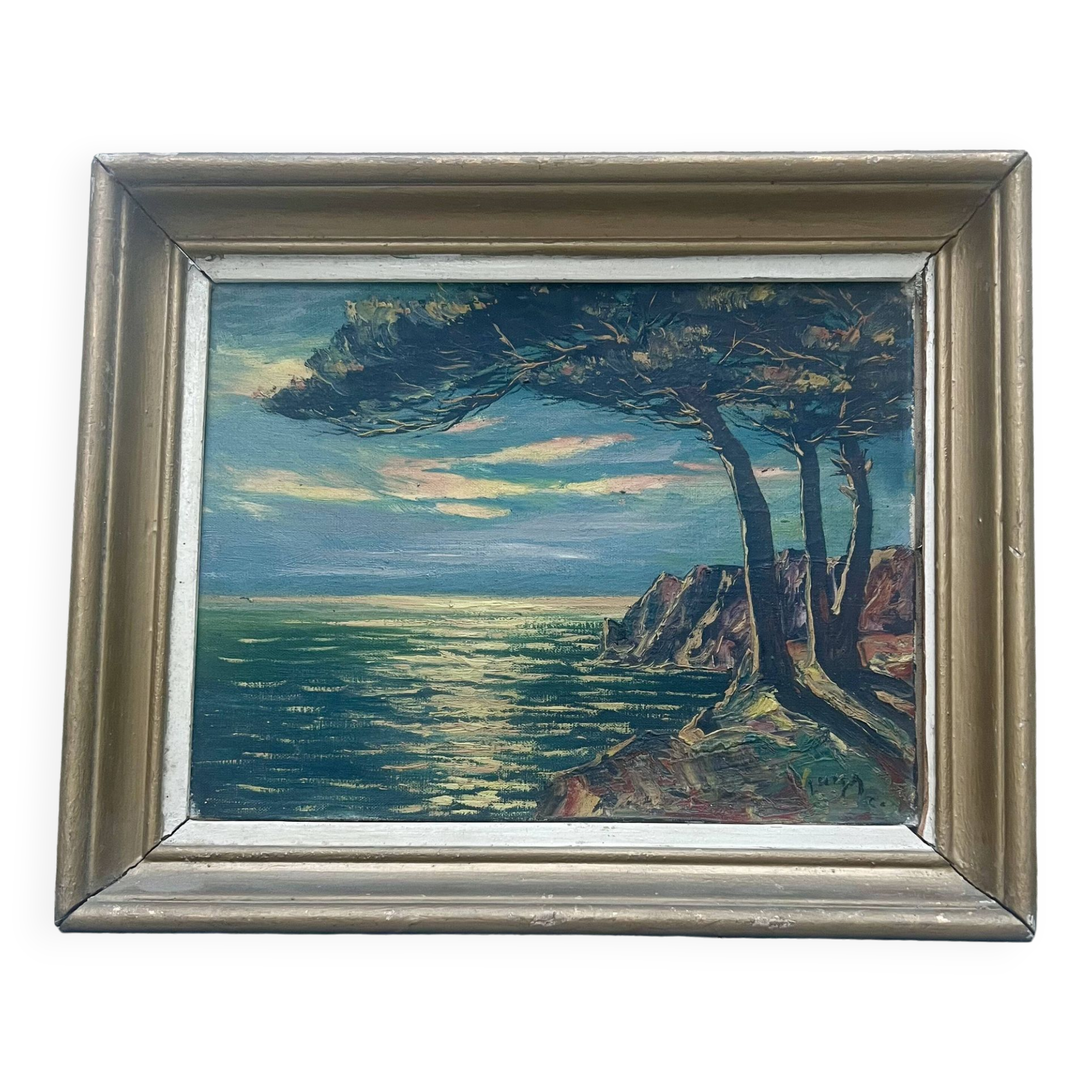 Old Oil Painting / Seaside Marine Panel Signed