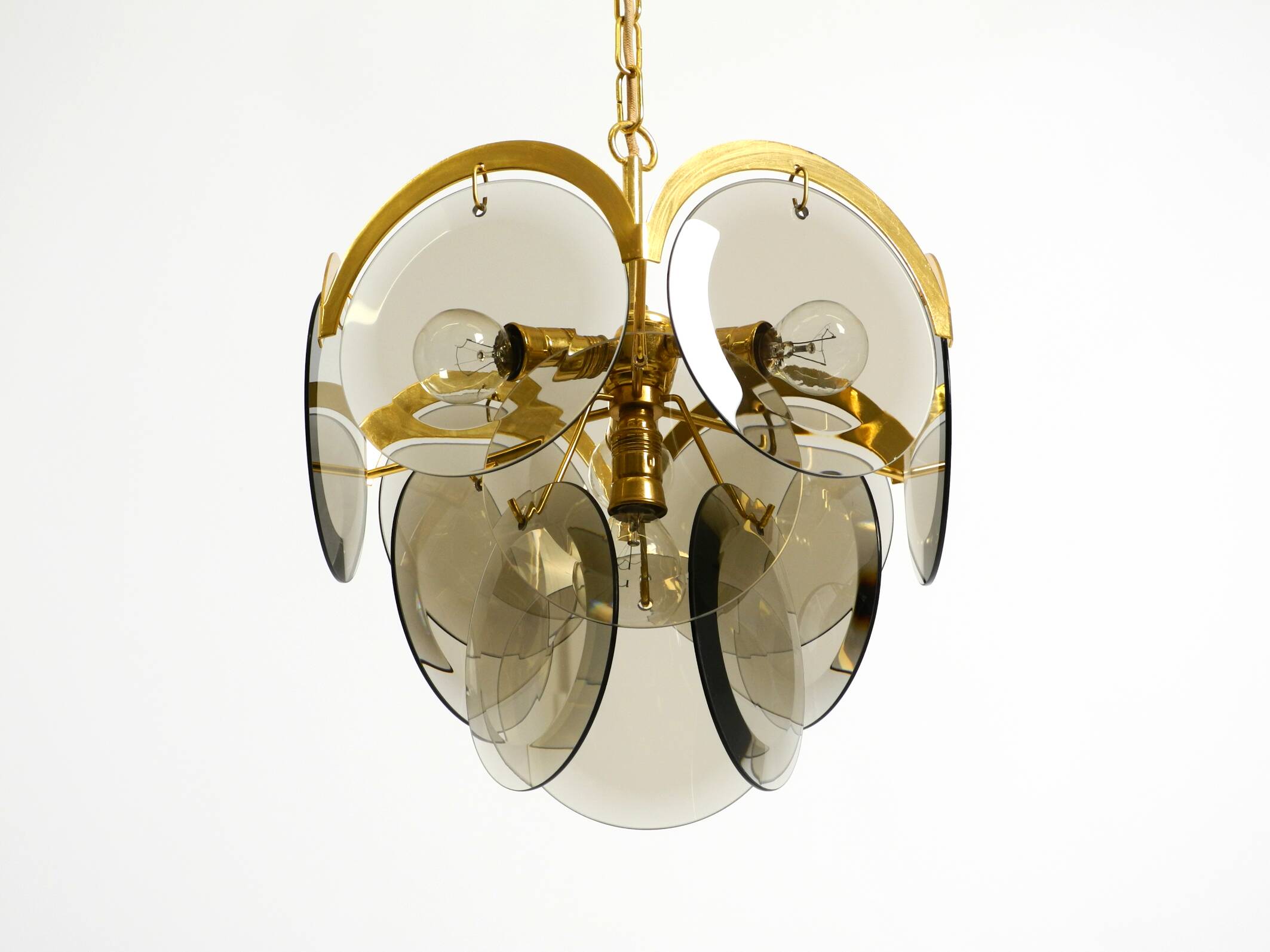 60s large brass ceiling chandelier with large round glass plates