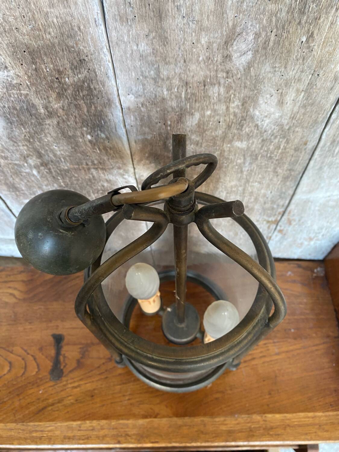 Antique brass lantern pendant light 2 lights + vintage glass cylinder