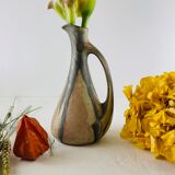 Ancient soliflore vase in sandstone beige and gray-green ewer shape signed Denbac