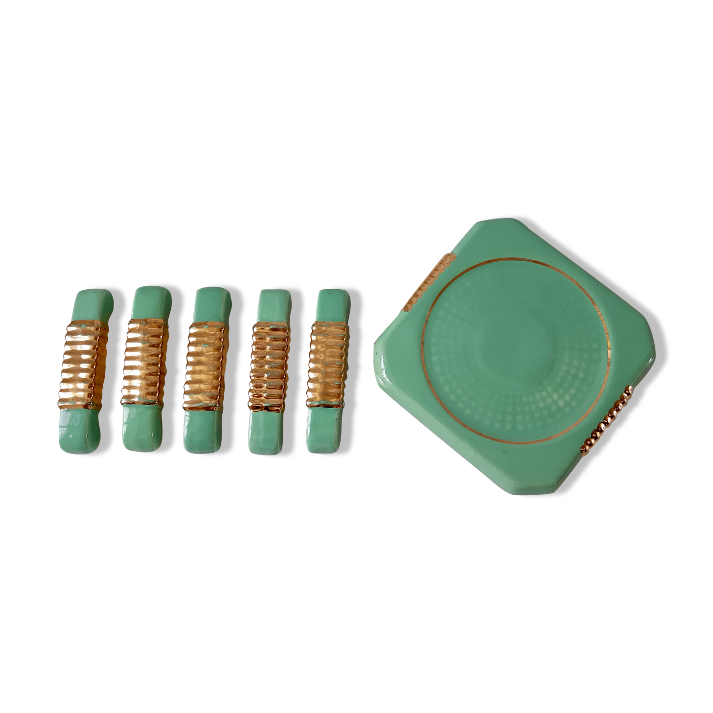 Set of a bottle bottom and 5 knife holders in art deco mint green ceramic