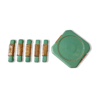 Set of a bottle bottom and 5 knife holders in art deco mint green ceramic