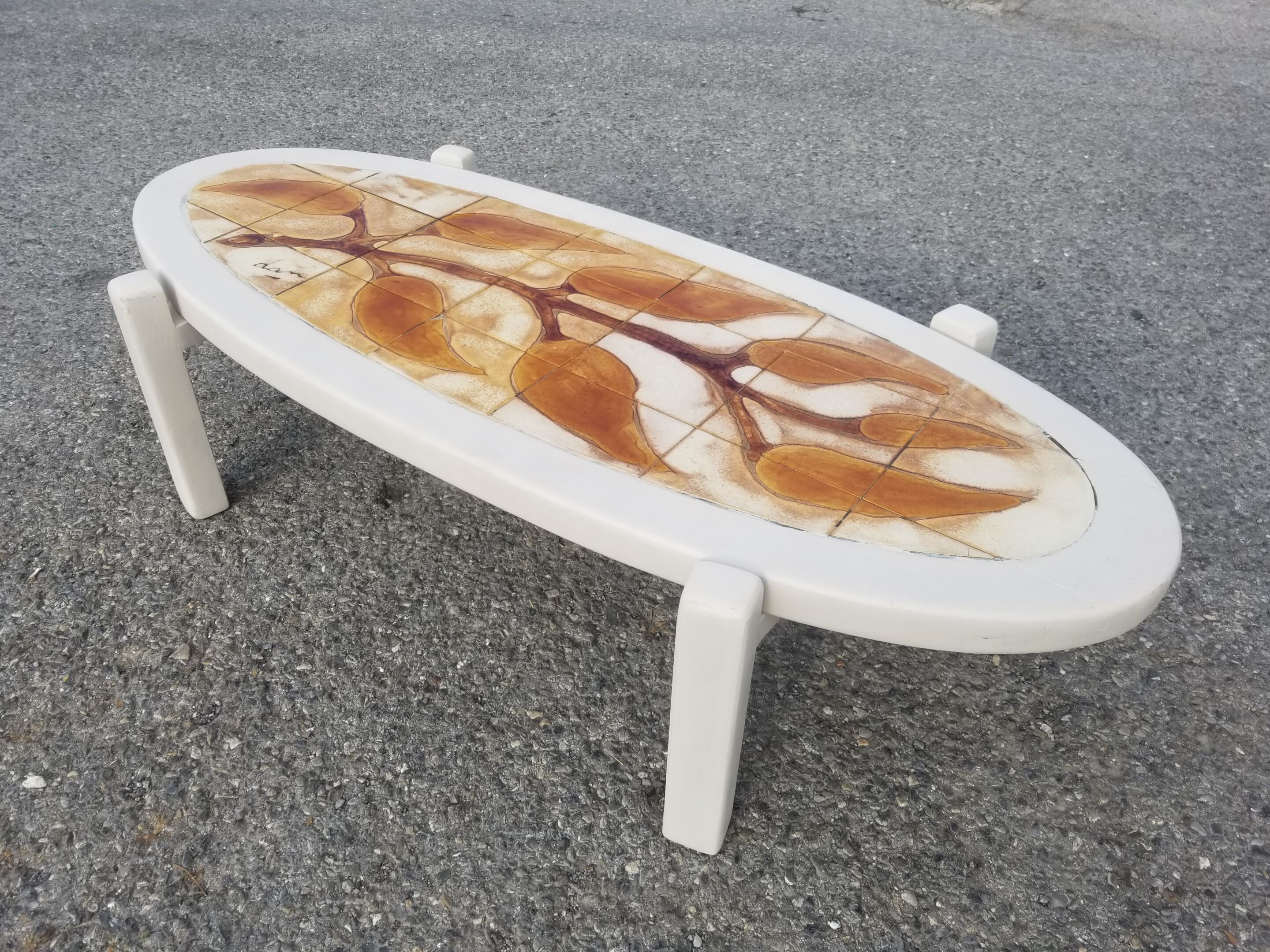 Vintage oval wooden and ceramic coffee table signed Dan - Vallauris