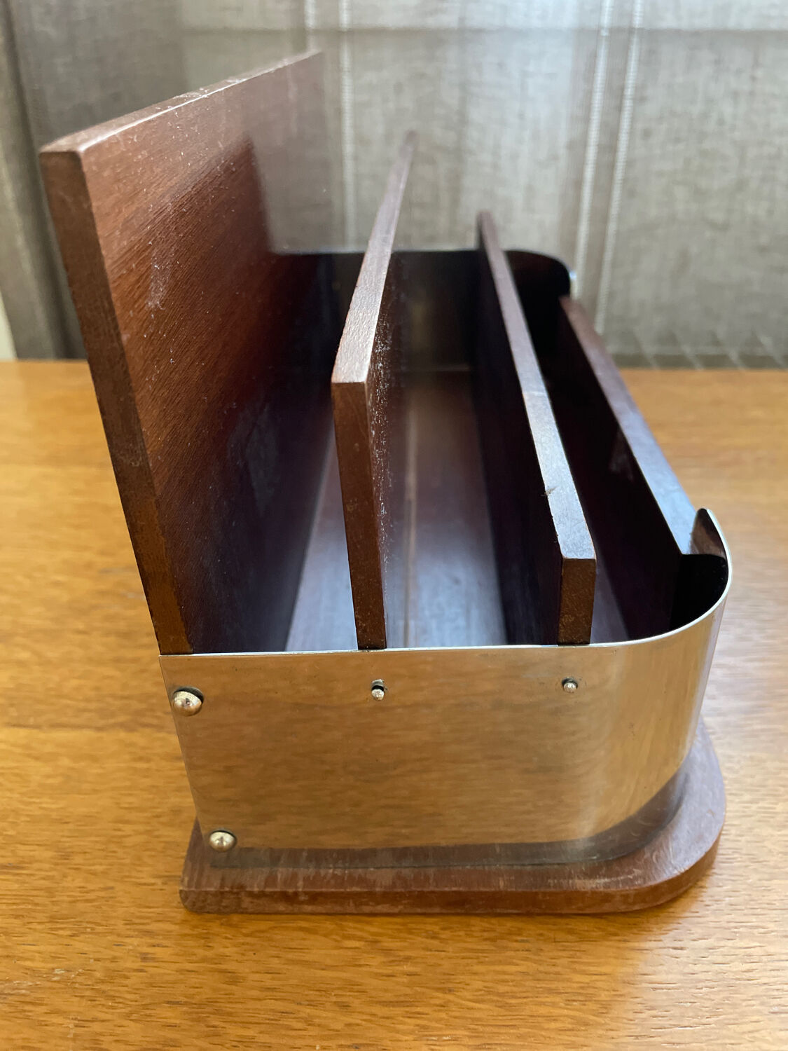 Art deco mail rack mahogany and chrome