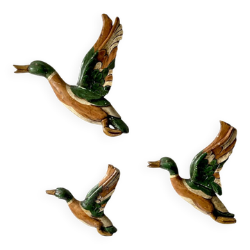 Trio of carved and painted mallard ducks, wall decoration