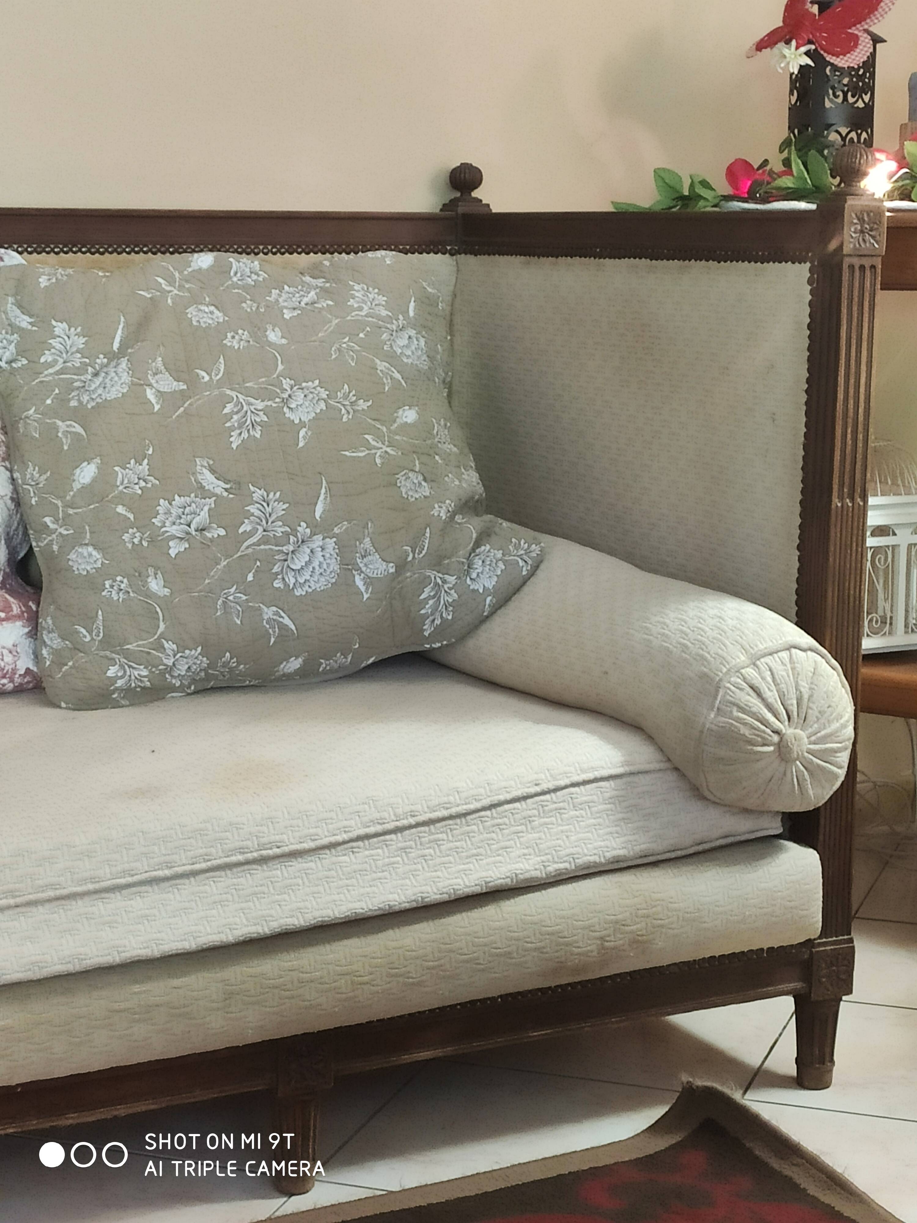 Antique Louis XVI style sofa, daybed with 8 legs and wooden frame, L182, W85, H95