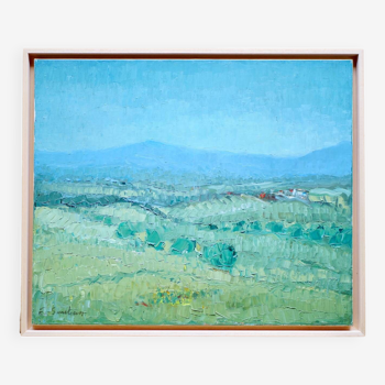 Collines vertes et bleues, huile sur toile signée