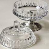 Ancien sucrier en cristal motifs pointes diamant base argenté perlée