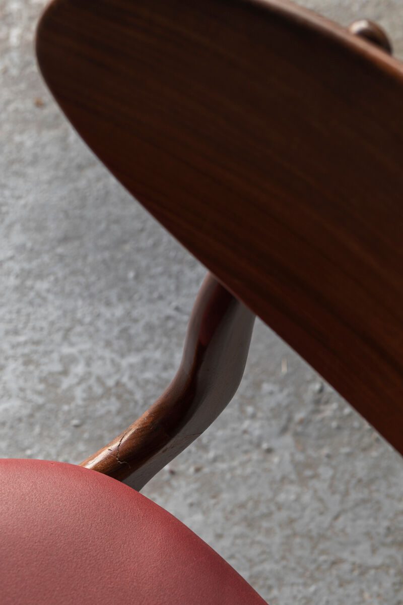 Set of 4 dining chairs in teak and burgundy by Louis van Teeffelen, The Netherlands, 1960’s