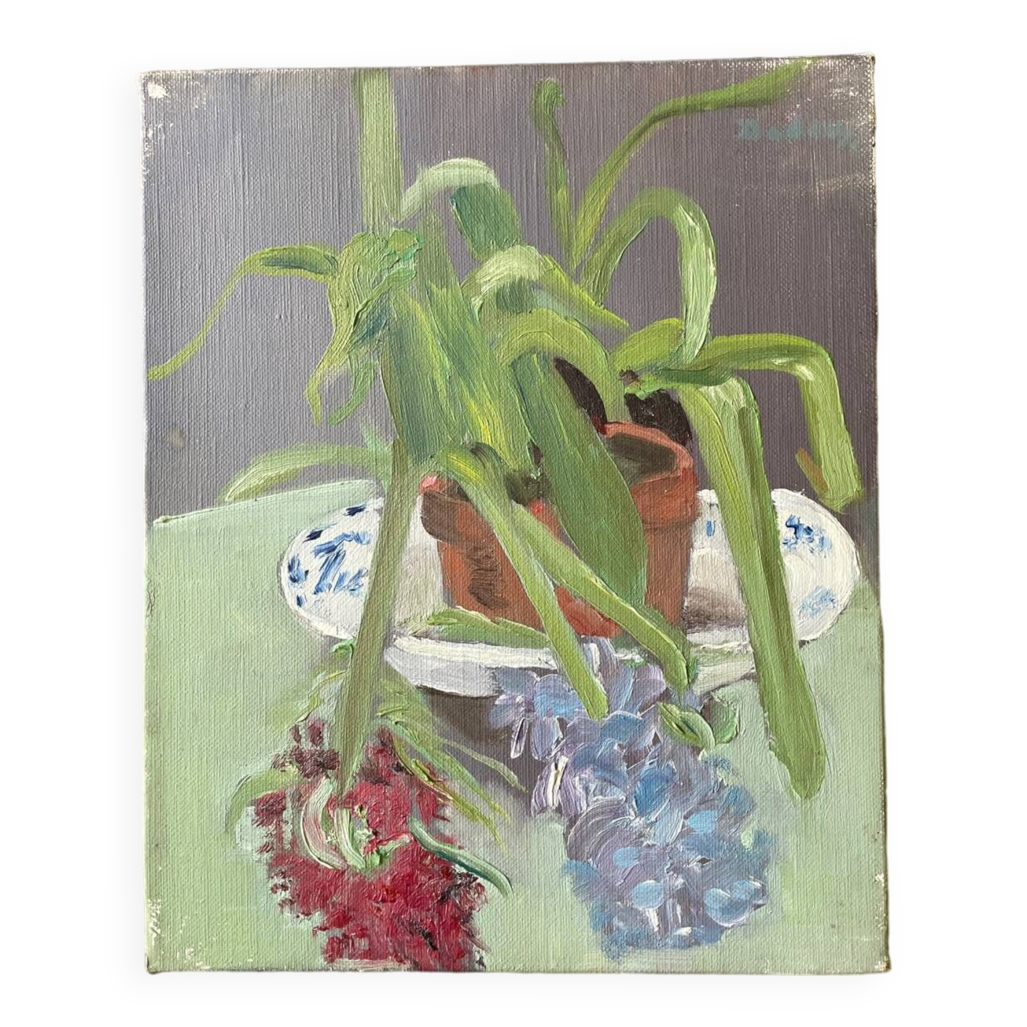 Still life painting vintage flower pot 70s