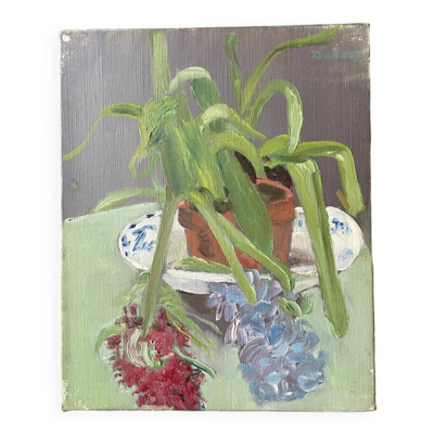 Tableau nature morte pot de fleur vintage années 70