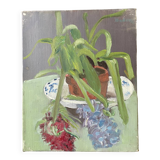 Still life painting vintage flower pot 70s