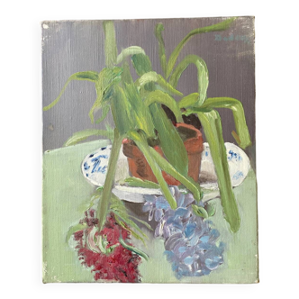 Still life painting vintage flower pot 70s