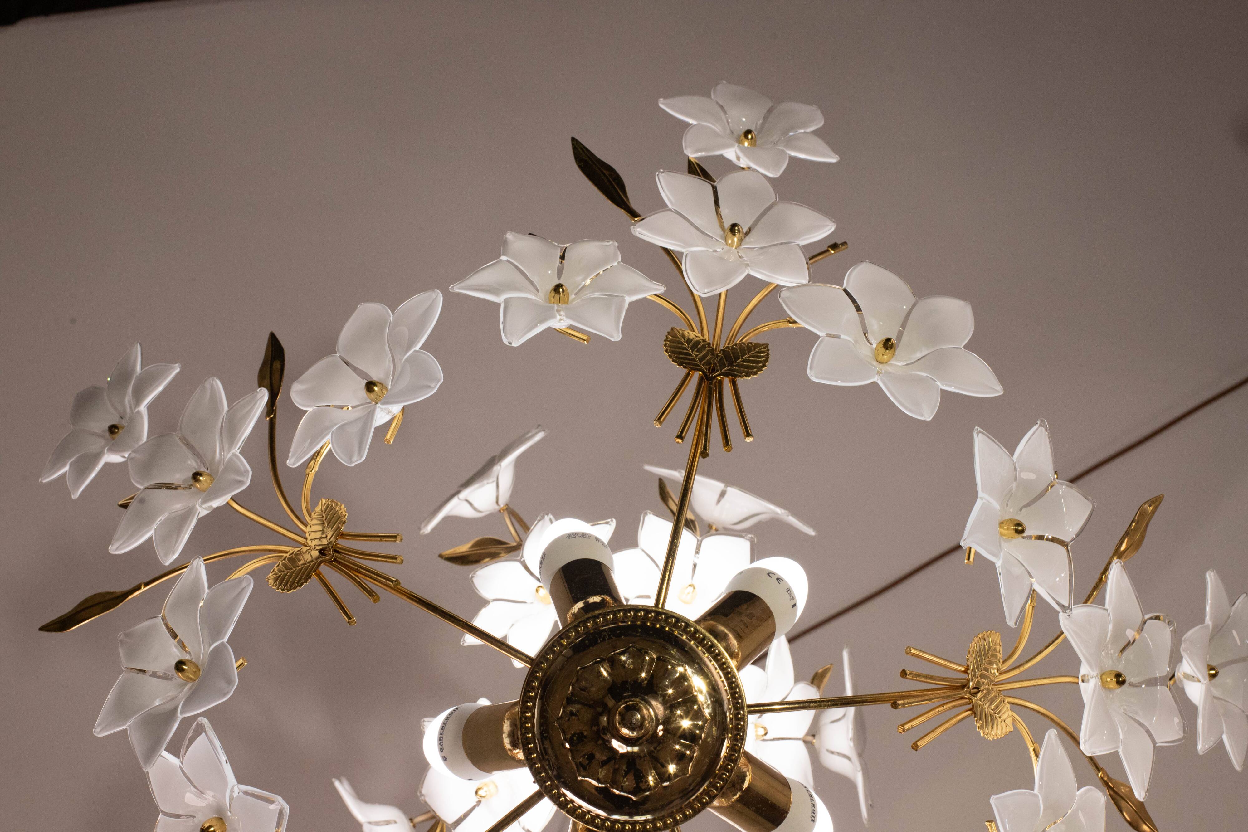 Vintage Murano Glass Chandelier White Flowers, 1970