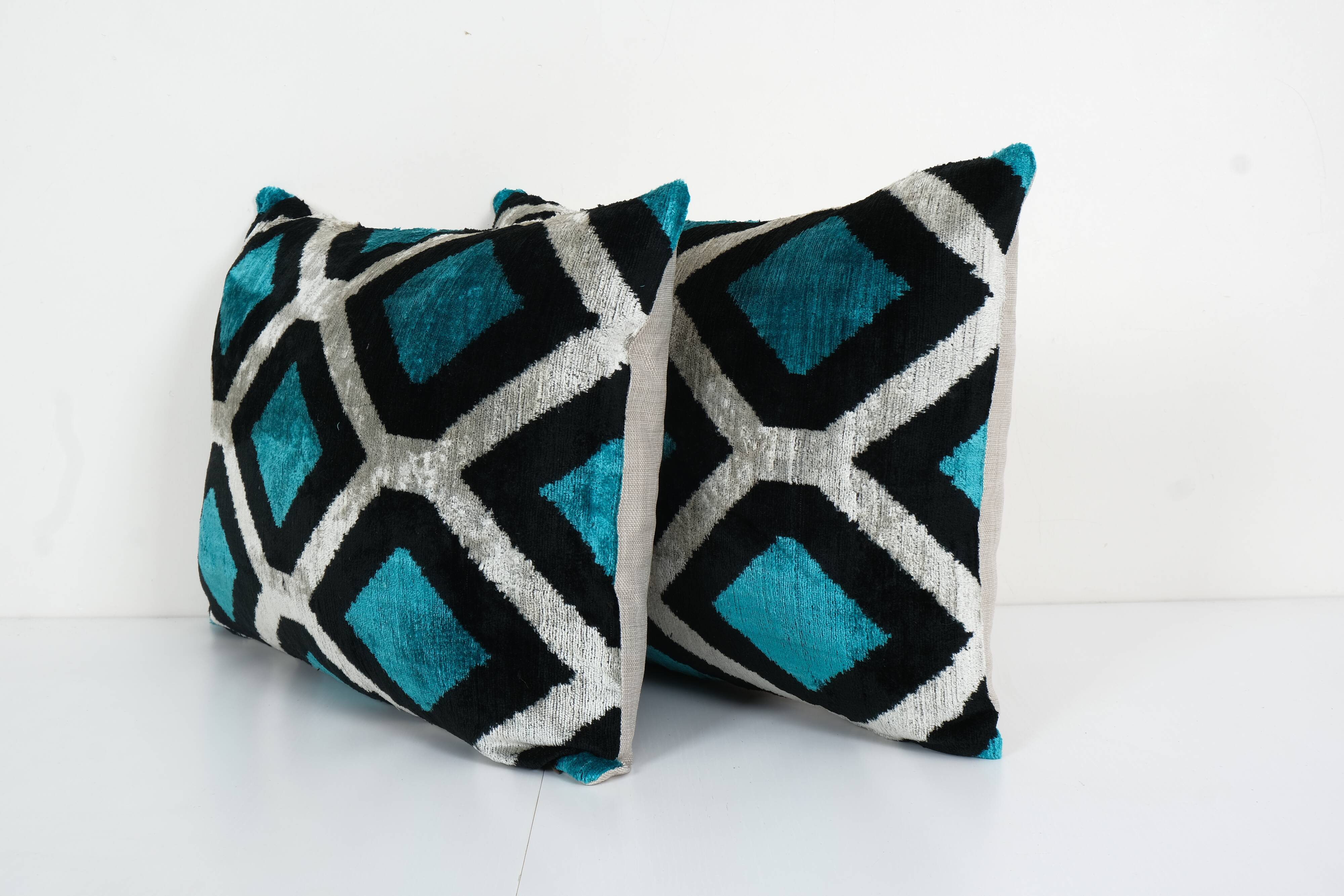 Blue silk ikat velvet pillow covers
