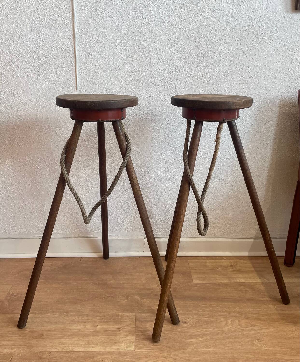 Pair of bar stools, wood and leather, circa 1950