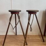Pair of bar stools, wood and leather, circa 1950