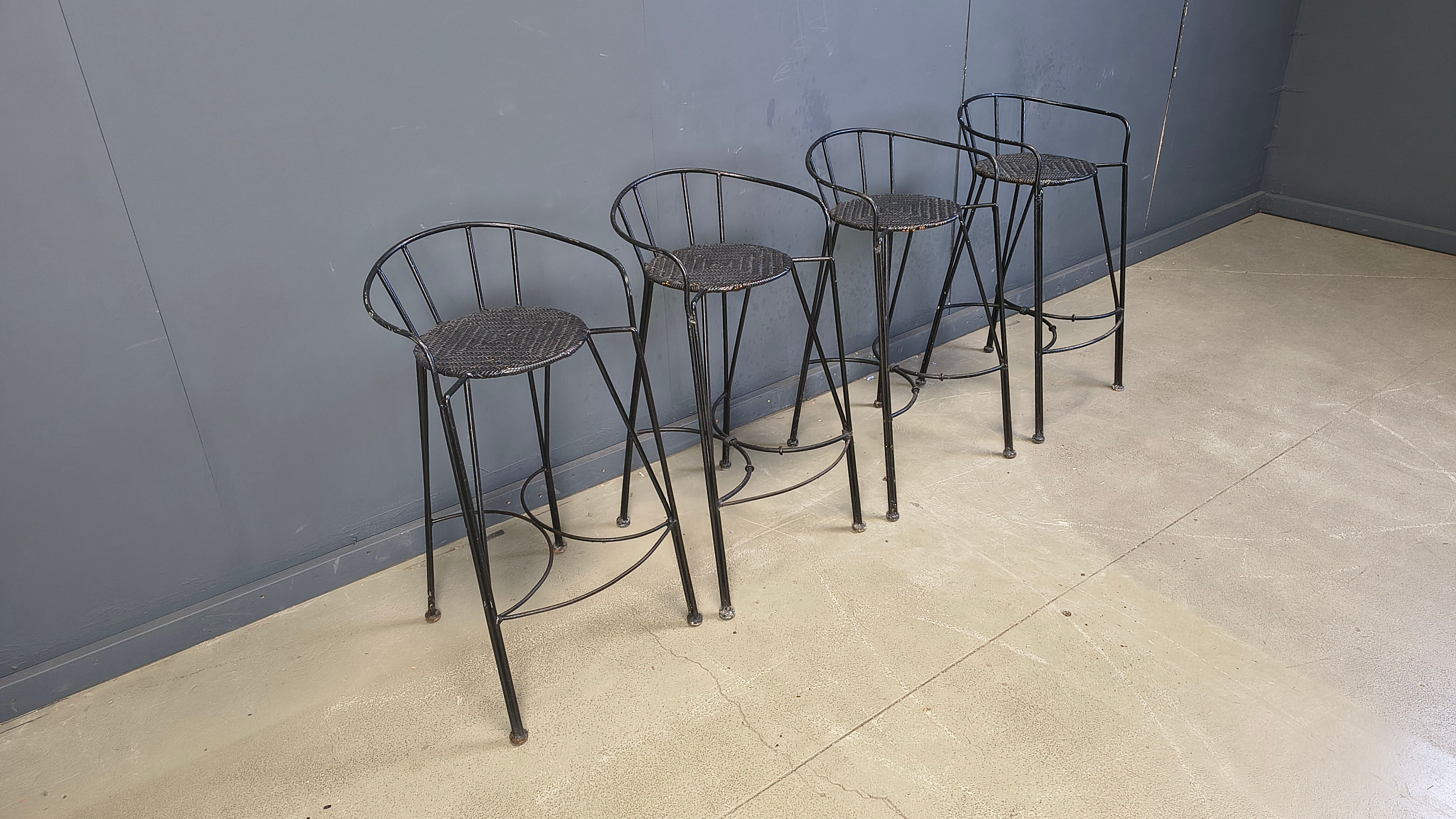 Tabourets de bar vintage en fer forgé et rotin, ensemble de 4 - années 1970