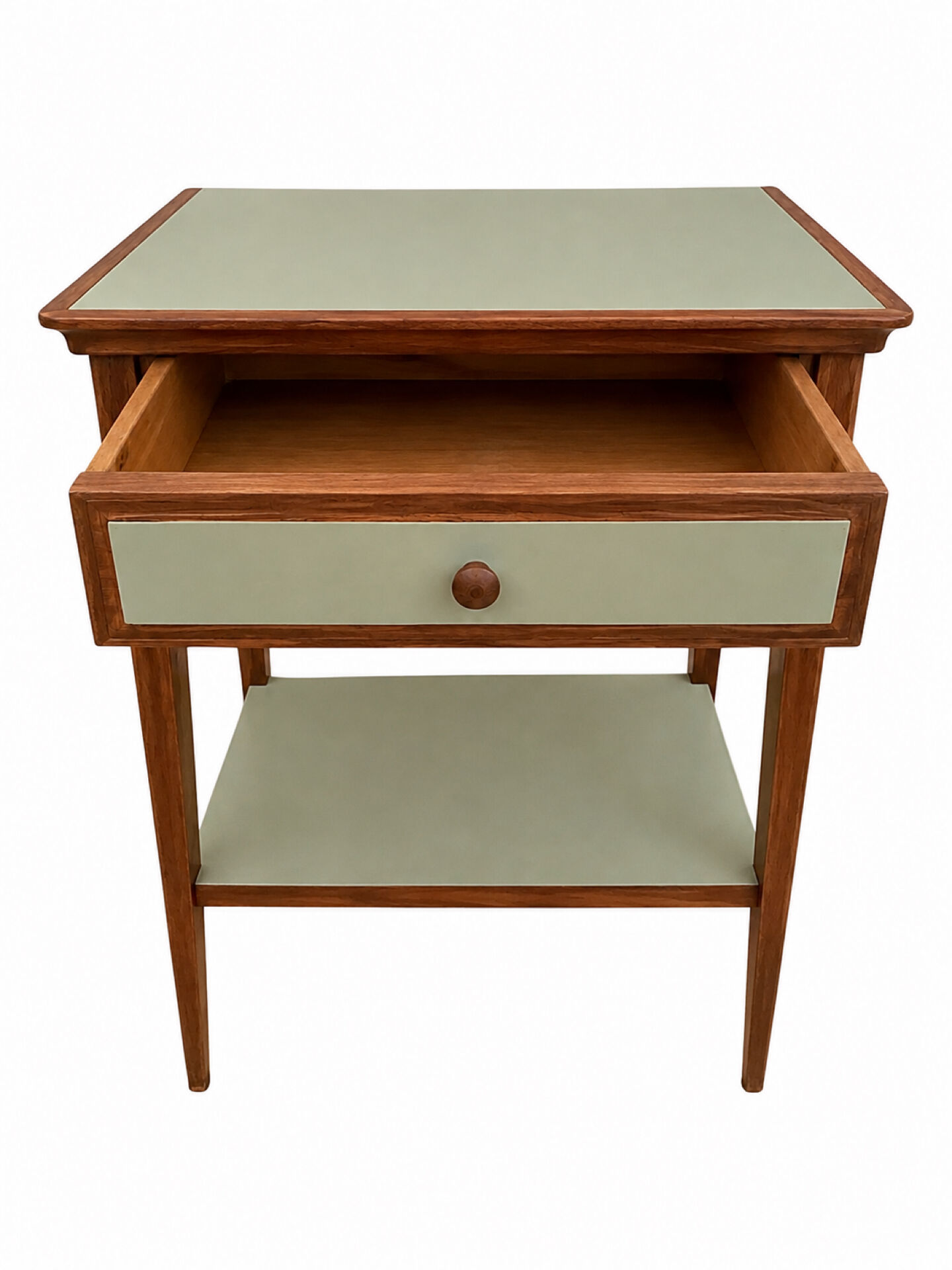 Small vintage table in sage green wood.