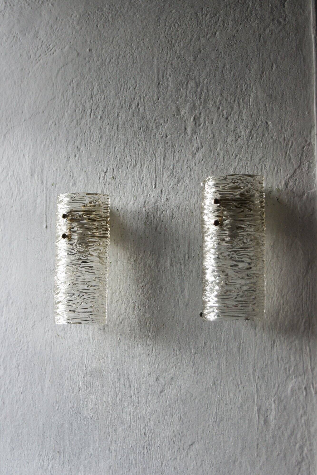 Vintage Textured Glass and Brass Wall Sconces by J. T. Kalmar, Set of 2