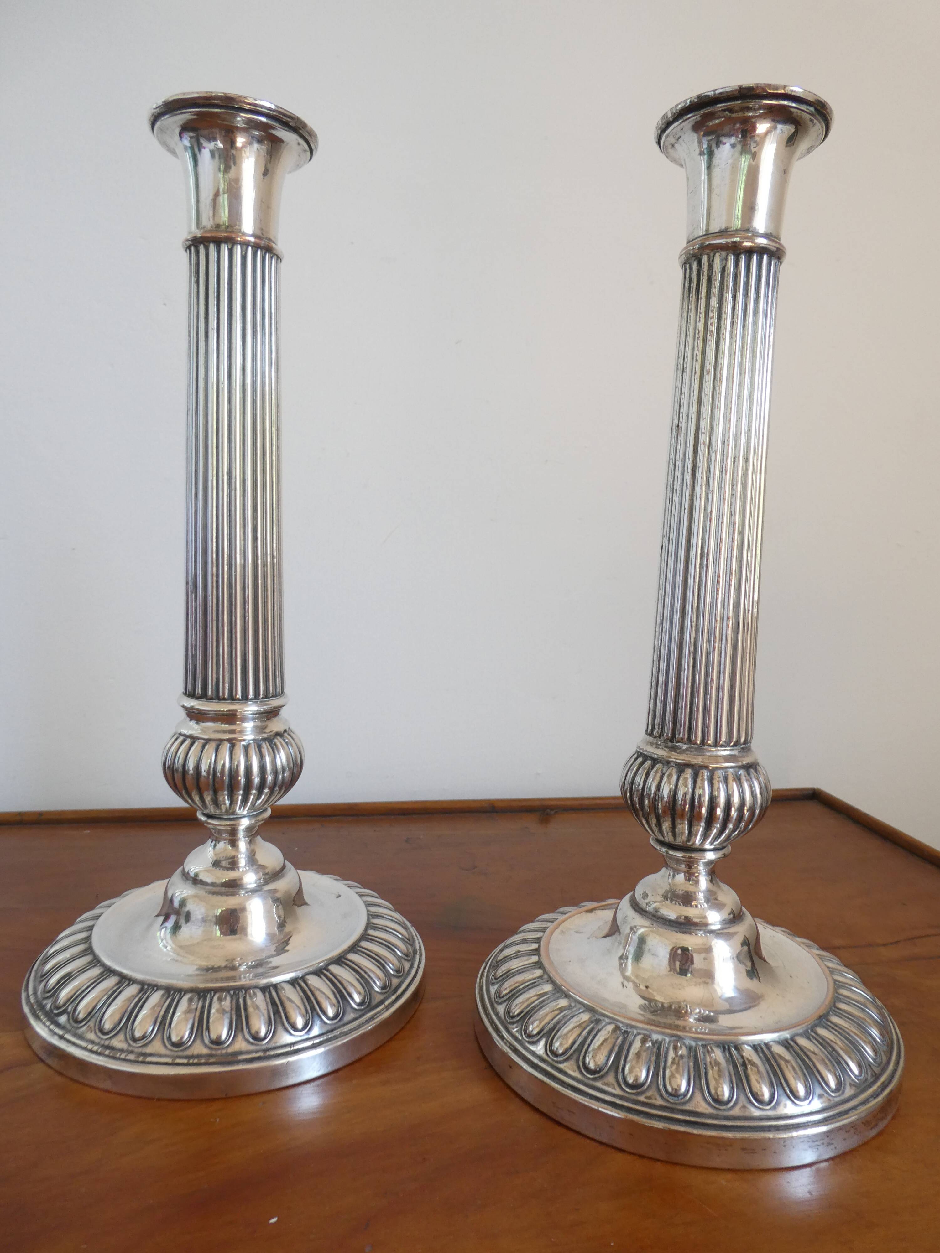 Antique pair of 19th century silver-plated metal candlesticks, 27 cm