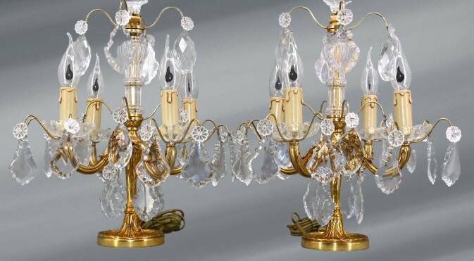 Pair of Louis XV Style Bronze & Crystal Chandeliers with 4 Lights