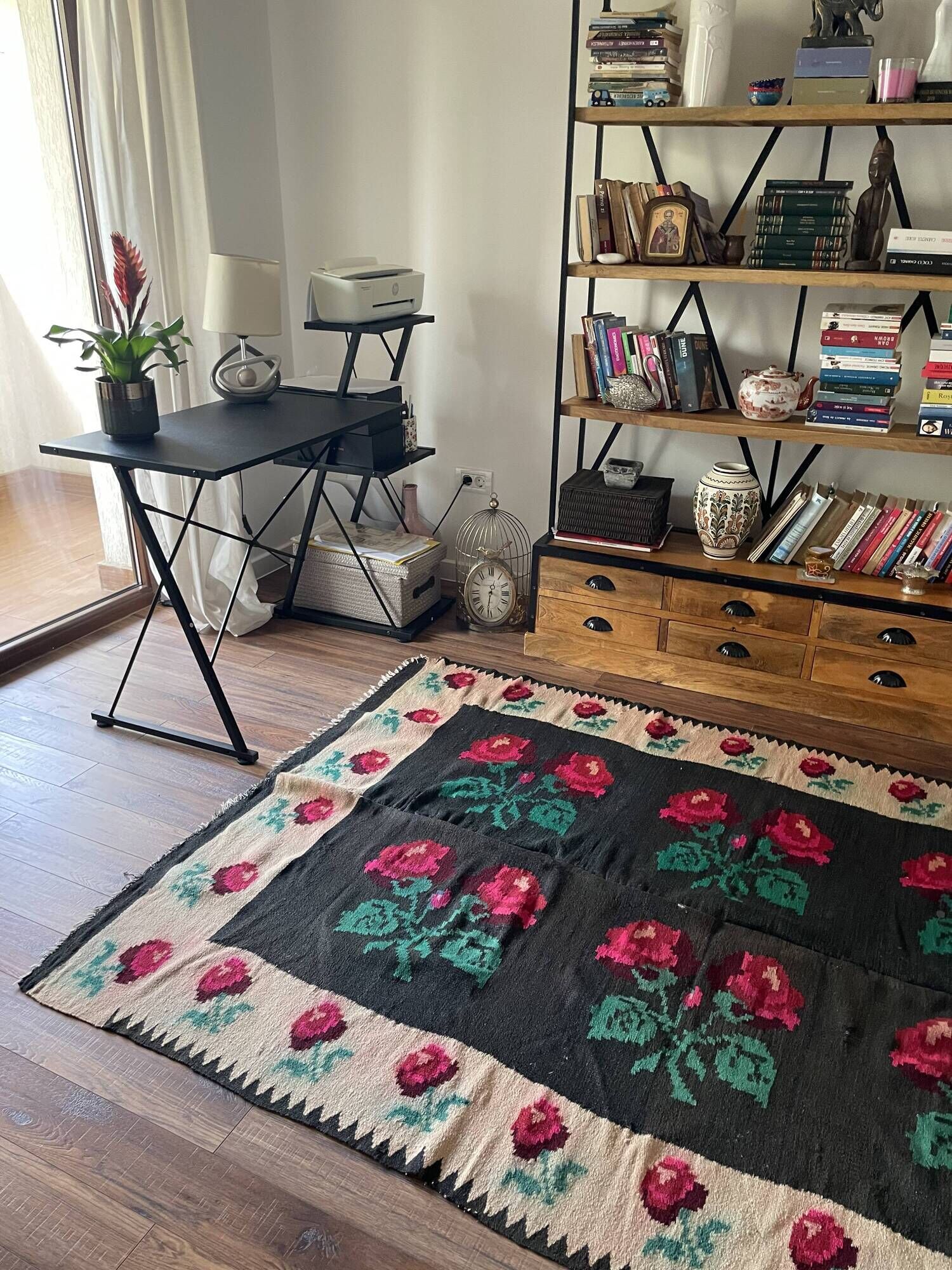 Very Old Romanian floral handwoven carpet made in wool, bohemian design