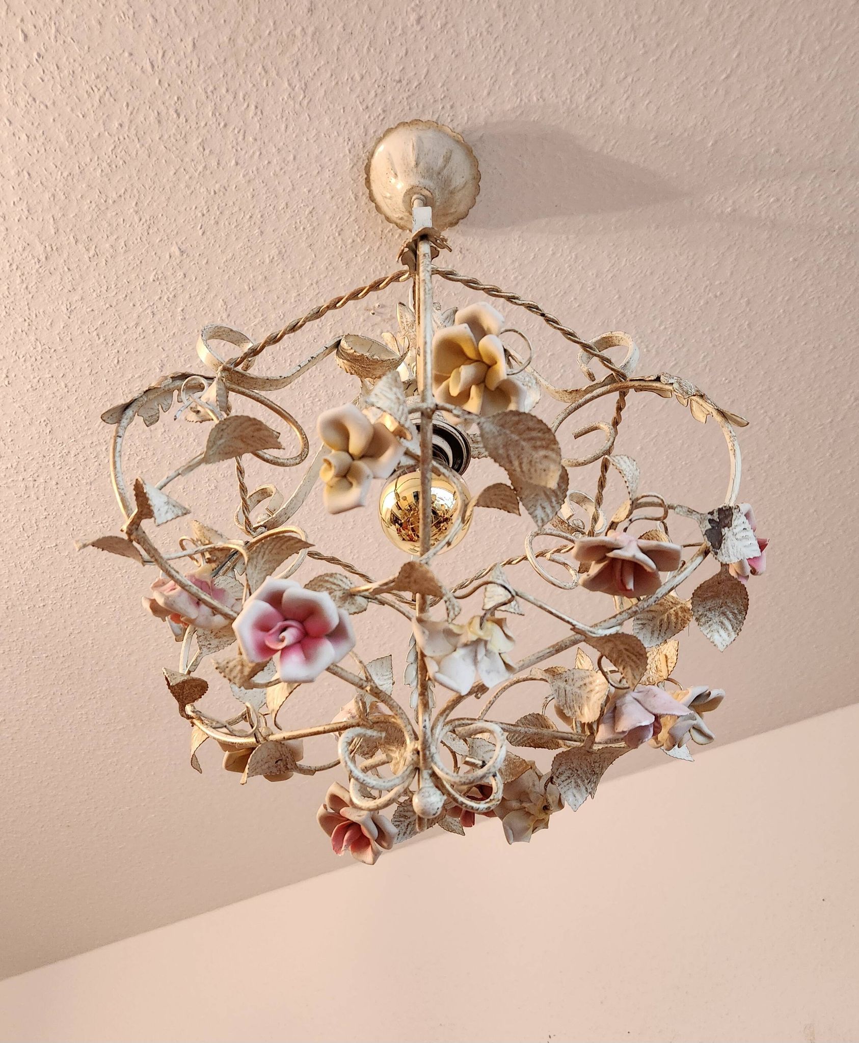 Hand-forged vintage pendant lamp with porcelain roses, Denz Neheim Hüsten