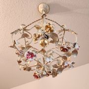 Hand-forged vintage pendant lamp with porcelain roses, Denz Neheim Hüsten
