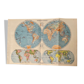 Ancienne carte mappemonde physique de 1945