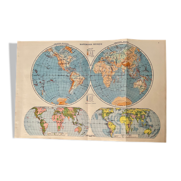 Old physical world map from 1945