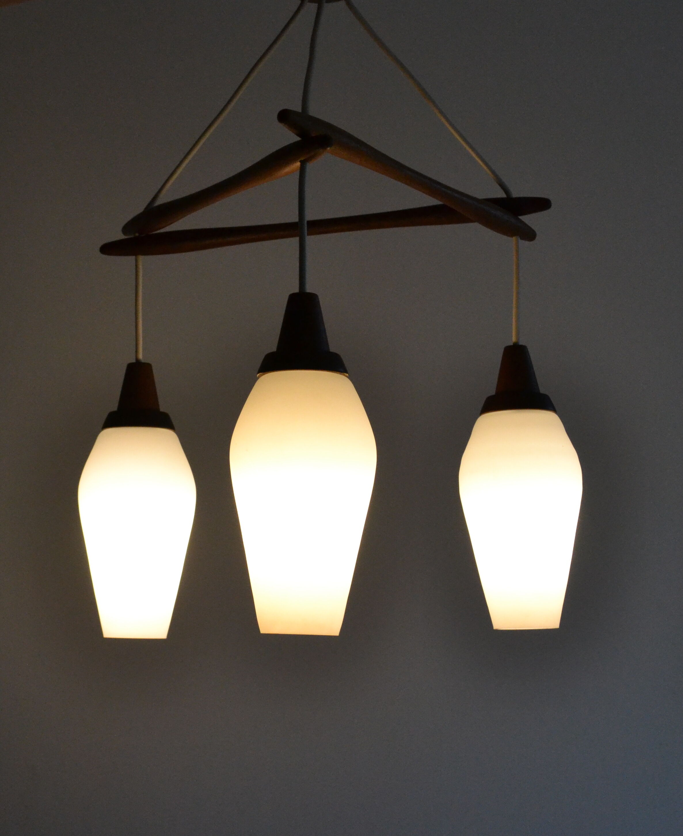 Scandinavian chandelier 3 opaline lights by Kristiansson for Luxus 50s
