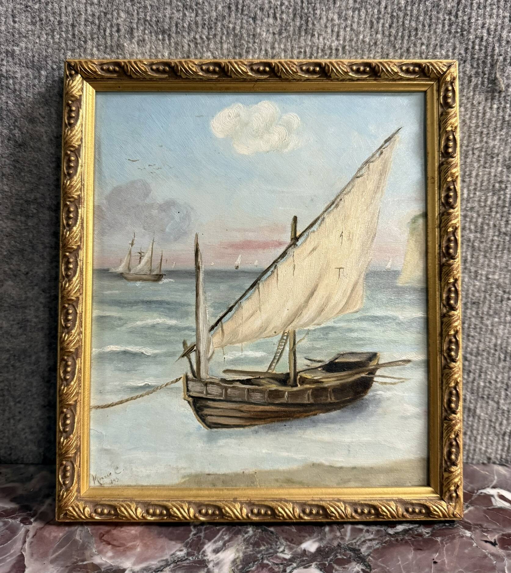 Marie C: oil painting on canvas, seascape with sailboat, Napoleon III period