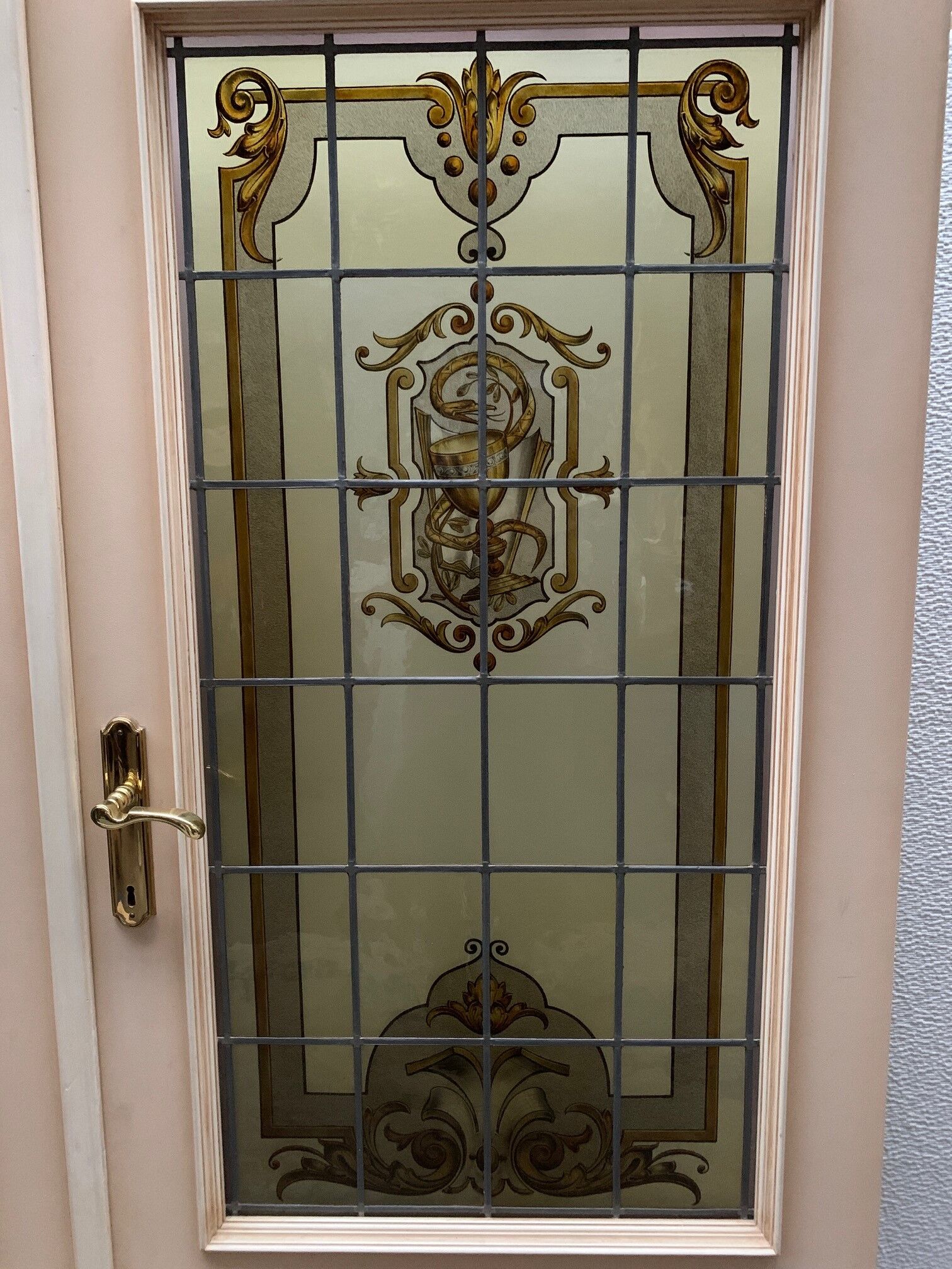 Wooden doors with stained glass