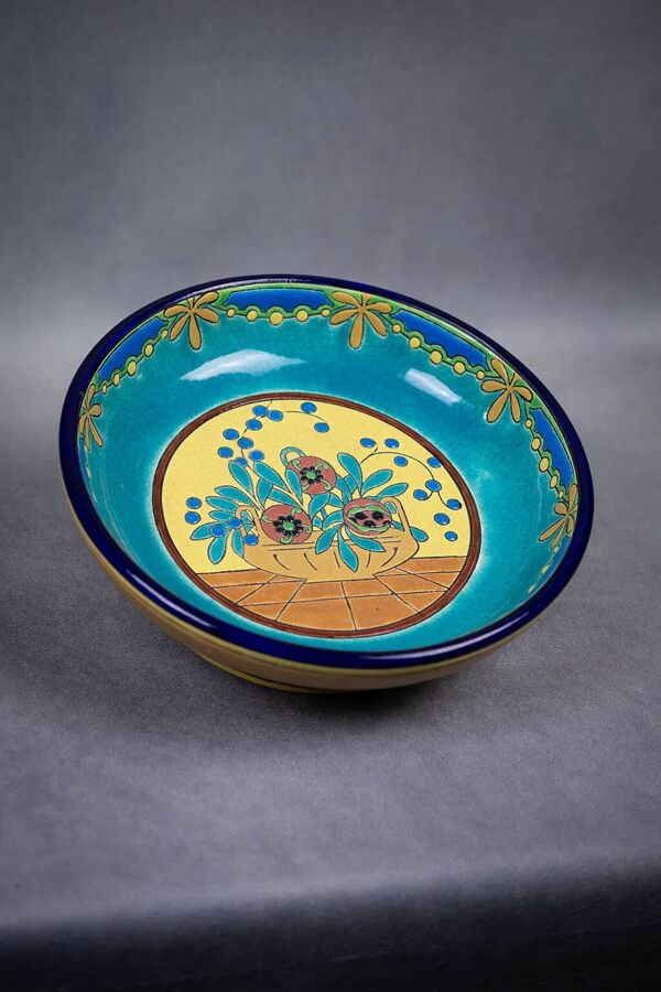 Coupe sur pied en émail cloisonné de Longwy – décor floral art déco