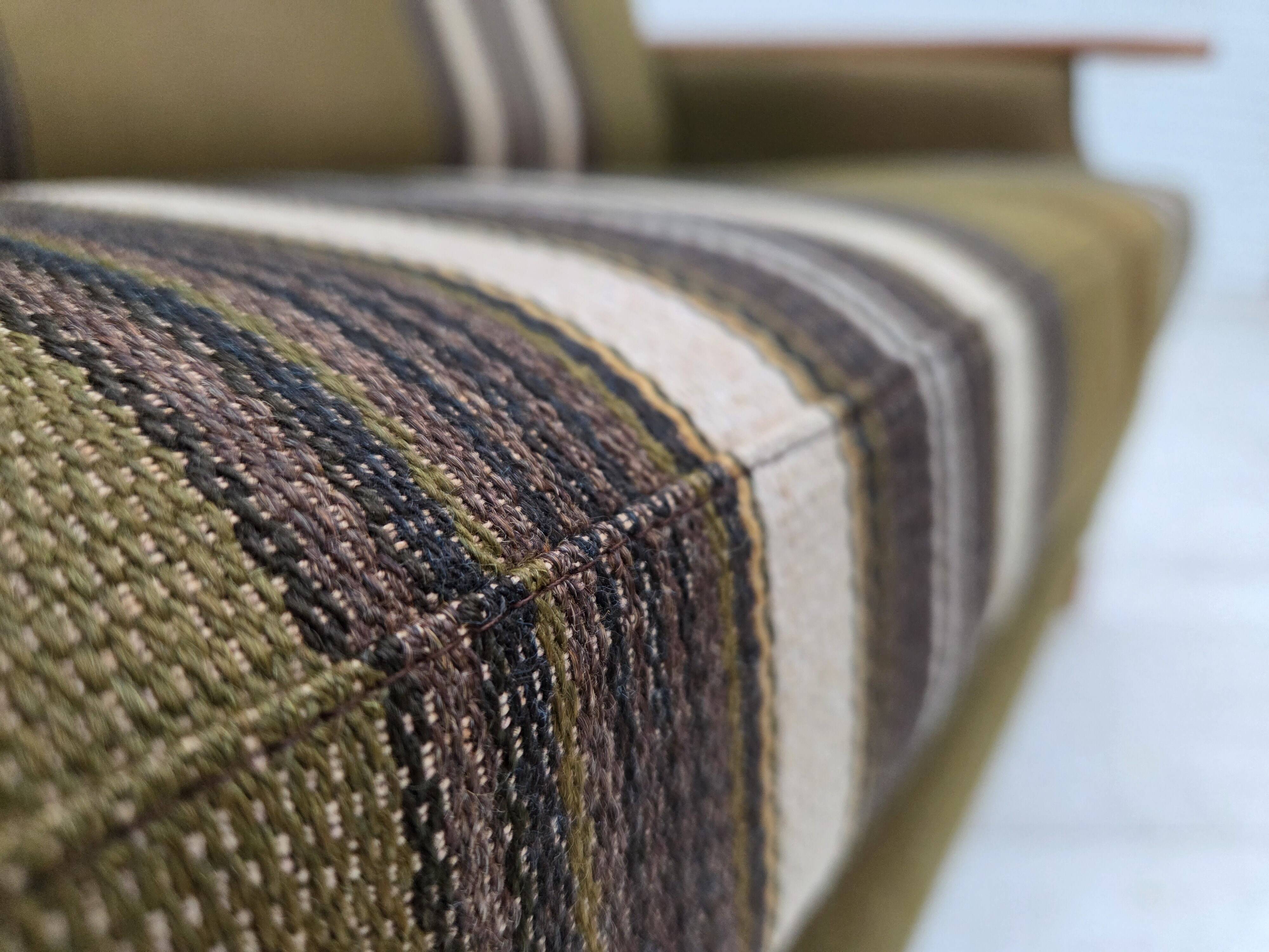 1970s, Danish 2-seater sofa, green furniture wool, oak wood.