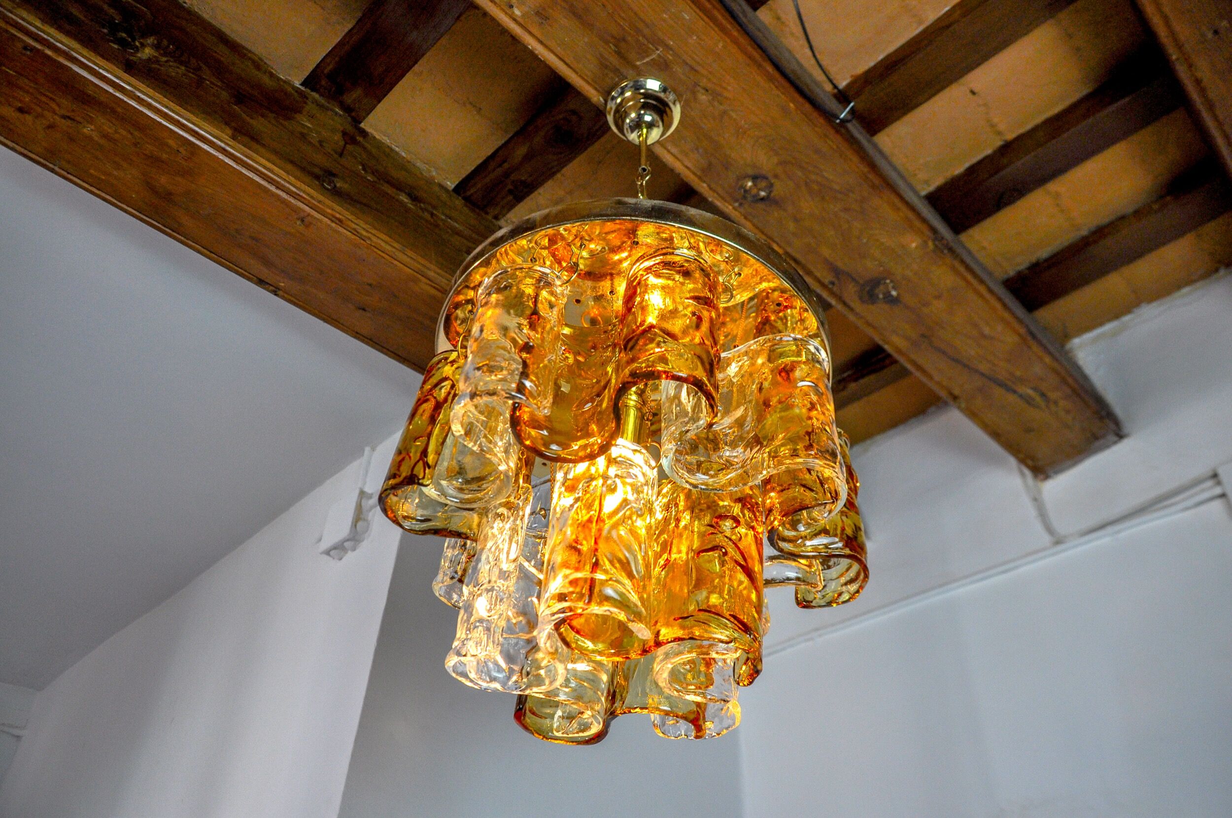 Two-tone chandelier by Zero Quattro, orange and transparent murano glass, Italy, 1970