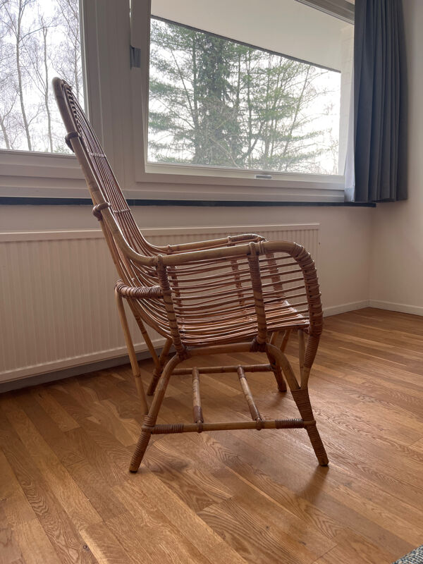 Fauteuil rotin vintage haut dossier années 70