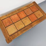 Vintage Brutalist Rustic Rectangular Coffee Table in Solid Oak and Ceramic from the 60s 70s