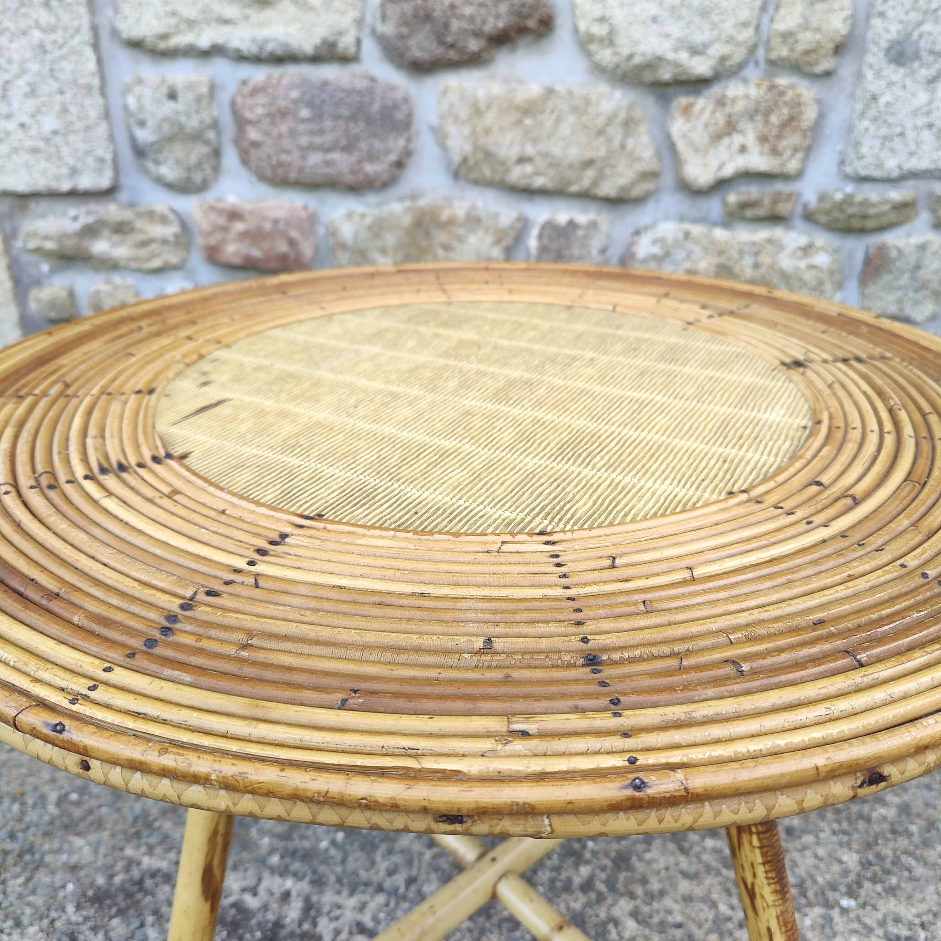 Round coffee table vintage rattan and vinyl braided straw way